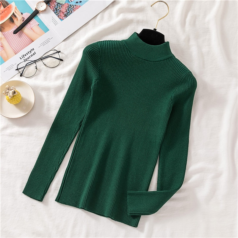 Autumn Women Pullover Sweater Half Turtleneck Long Sleeve Knitted Jumper Winter Elastic Solid Basic Ladies Blouse