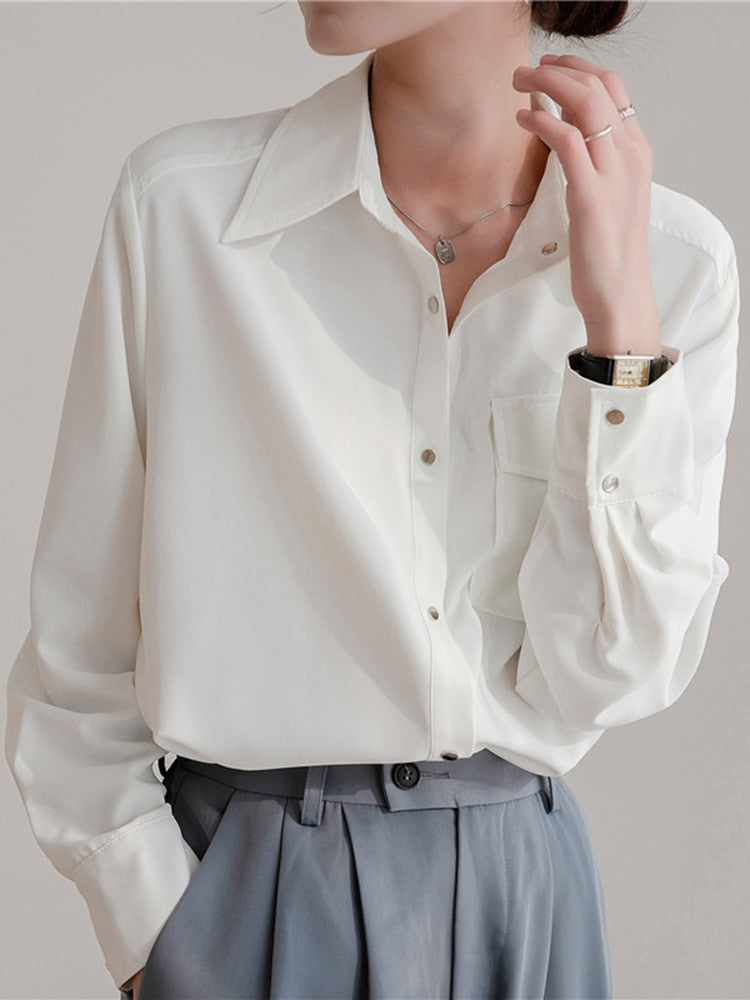 Chiffon Women Shirt White Office Ladies Button Up Long Sleeve Blouse Summer Fashion Turn Down Designed Female Tops