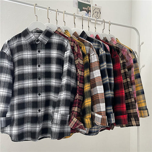 Load image into Gallery viewer, Vintage Plaid Shirts Fashion Button Up Spring Shirt Long Sleeve Turn Down Collar Tops Loose Oversize Ladies Tops
