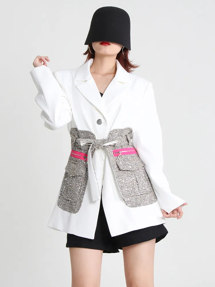 Patchwork Blazer For Women Notched Collar Long Sleeve Colorblock Blazers Female Autumn Clothing Style Fashion