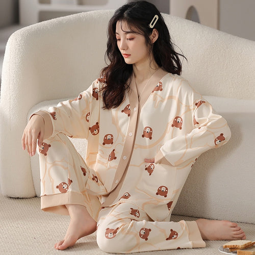 Load image into Gallery viewer, Women&#39;s Pajamas Set Cute Fruit Print Leisure V Neck Sleepwear Cotton Blended Long Casual Homewear Nightwear Femme 3XL
