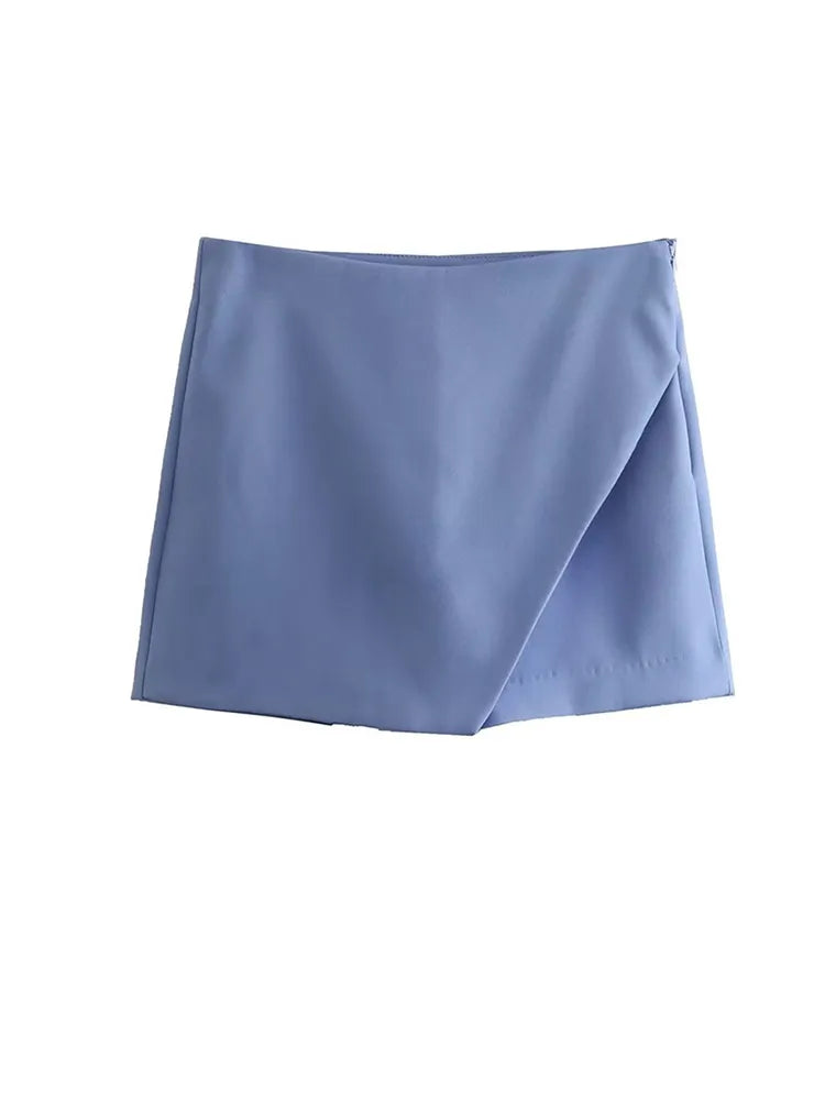 Women Fashion Asymmetrical Shorts Skirts High Waist Back Pockets Side Zipper Vintage Female  Solid