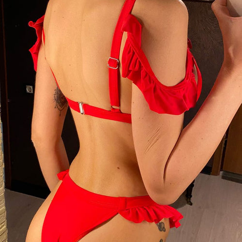 Load image into Gallery viewer, Sexy Off Shoulder Ruffled Bikini Female Swimsuit Women Swimwear Two-pieces Bikini set Bather Bathing Suit Swim Lady V2701
