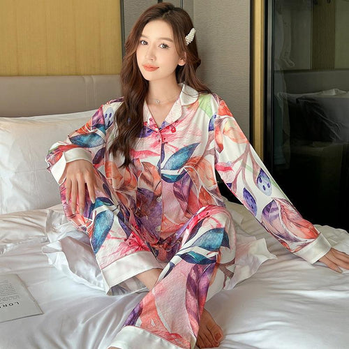 Load image into Gallery viewer, Women&#39;s Pajamas Set Fashion Colorful Leaves Print Leisure Sleepwear Silk Like Long Homewear Nightwear Femme Petite
