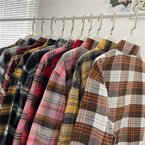 Load image into Gallery viewer, Vintage Plaid Shirts Fashion Button Up Spring Shirt Long Sleeve Turn Down Collar Tops Loose Oversize Ladies Tops
