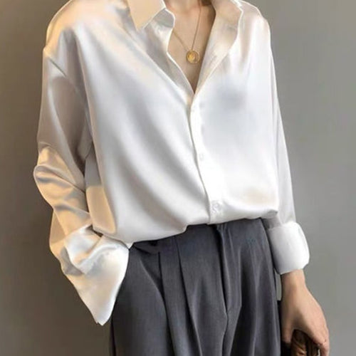 Load image into Gallery viewer, Silk Shirt Women Vintage White Long Sleeves OL Ladies Blouse Loose Spring Designed Button Up Female Top Casual Cotton Shirt
