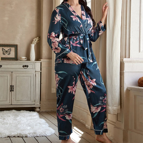 Load image into Gallery viewer, Plus Size Women&#39;s Pajamas Set Floral Print Free Sleepwear Silk Like Homewear Elegant V Neck Nightwear with 4XL 5XL
