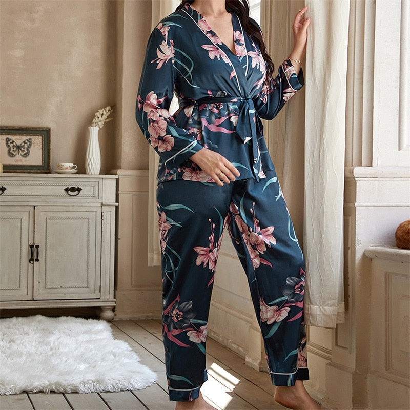 Plus Size Women's Pajamas Set Floral Print Free Sleepwear Silk Like Homewear Elegant V Neck Nightwear with 4XL 5XL