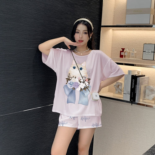 Load image into Gallery viewer, Women&#39;s Silk like Pajamas Cute Short Sleeve Shorts Two Piece Set Round Neck Summer Outwear Casual Home Clothing
