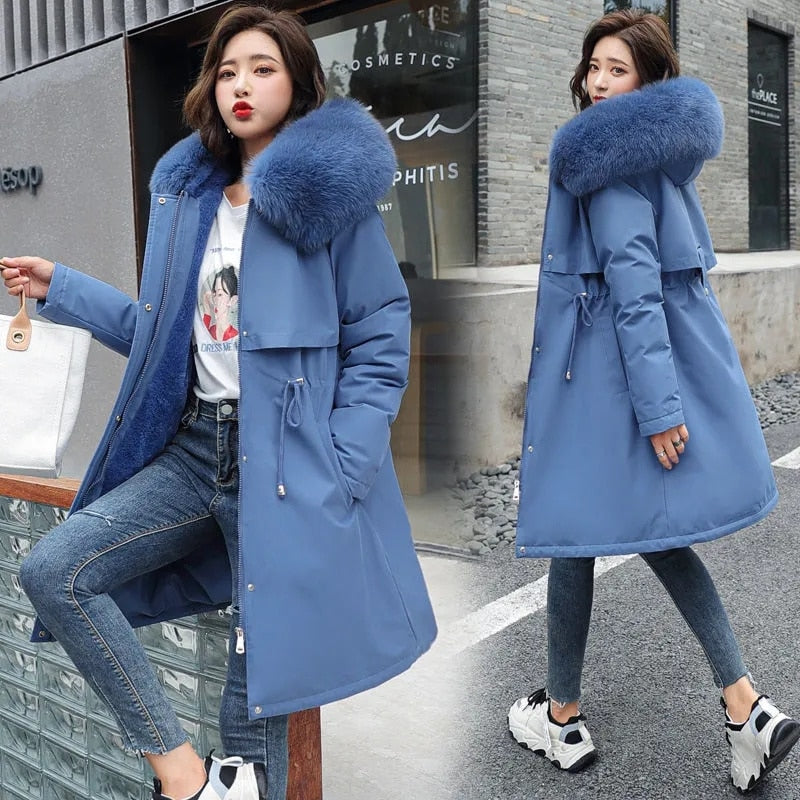 Winter Jacket Women Parka Clothes Long Coat Wool Liner Hooded Jacket Fur Collar Thick Warm Snow Wear Padded Parka 6XL