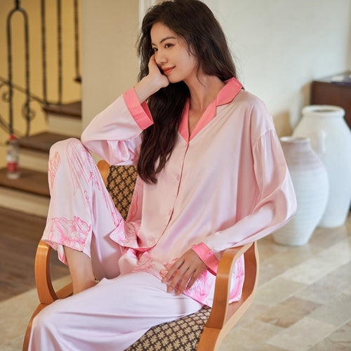 Load image into Gallery viewer, High Quality Women&#39;s Pajamas Set Floral Print Faux Silk Nightie Pink Homewear Leisure Simple Sleepwear Loungewear Female
