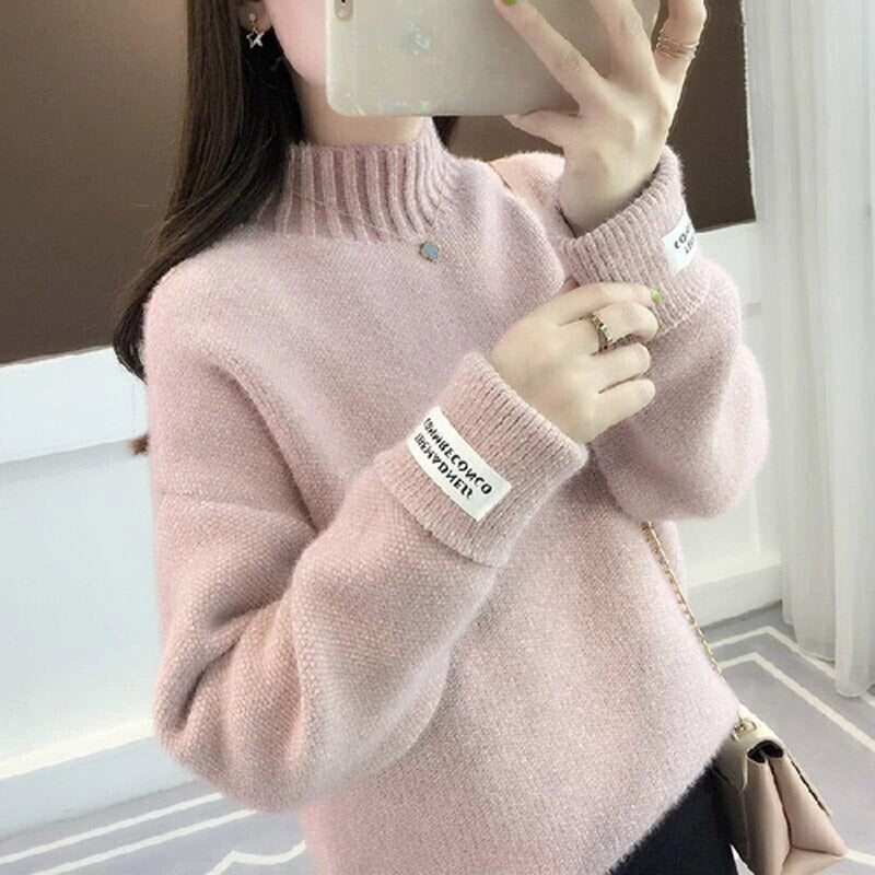 Women Half Turtleneck Sweater Autumn Loose Wool Pullover Knitted Jumper Long Sleeve Letter Top Casual Warm Ladies Blouse