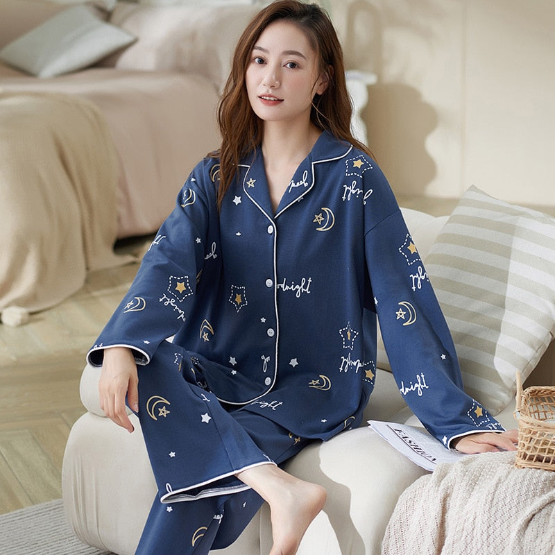 High Quality Women's Pajamas Set Fashion Cartoon Print Leisure Cotton Sleepwear Long Casual Homewear Nightwear Femme 3XL