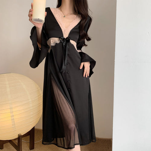 Load image into Gallery viewer, Women&#39;s Pajamas Sexy Long Dress Bell Sleeve Silk Like Homewear Deep V Skirt Sexy Lace Dress Sleepdress Nightgown Femme
