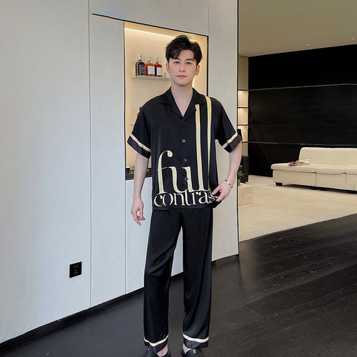 Load image into Gallery viewer, Men&#39;s Pajamas Spring Summer Youth Short Sleeve Pants Two Piece Home Suit Large Fashion Simulation Silk Cardigan Homewear
