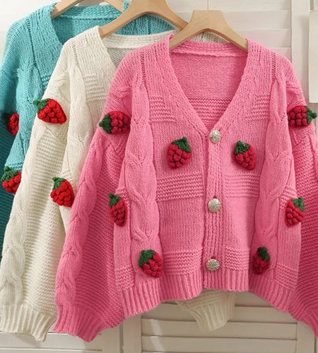 Twisted Women Knitted Cardigan Fashion 3D Strawberry Loose Sweet Sweater Fall Cute V Neck Thick Ladies Sweater Coats