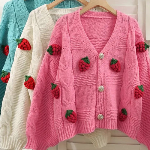 Load image into Gallery viewer, Twisted Women Knitted Cardigan Fashion 3D Strawberry Loose Sweet Sweater Fall Cute V Neck Thick Ladies Sweater Coats
