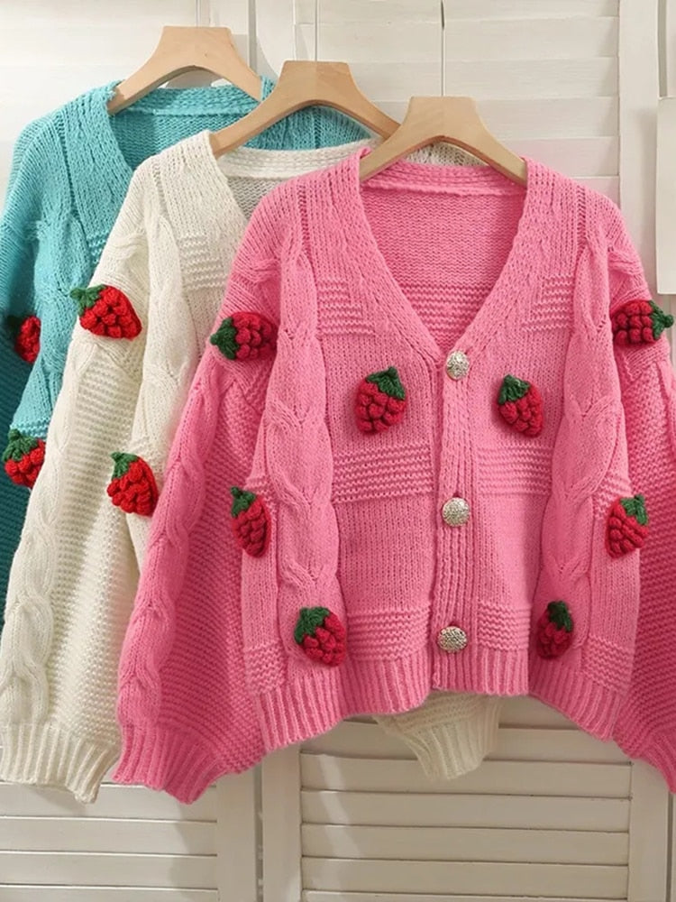 Twisted Women Knitted Cardigan Fashion 3D Strawberry Loose Sweet Sweater Fall Cute V Neck Thick Ladies Sweater Coats