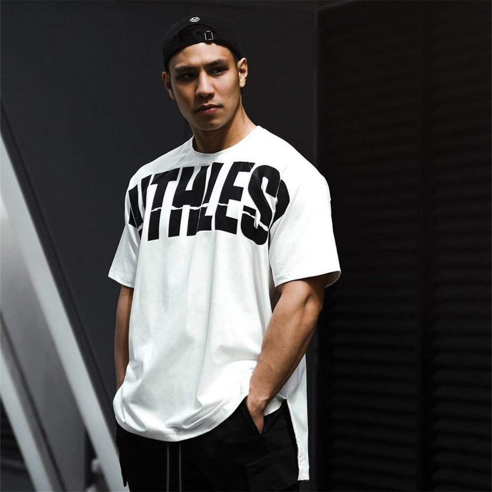 Cotton Casual Print T-shirt Men Gym Fitness Loose Short Sleeve Shirt Male Sport Tee Tops Summer Fashion Hip Hop Street Clothing