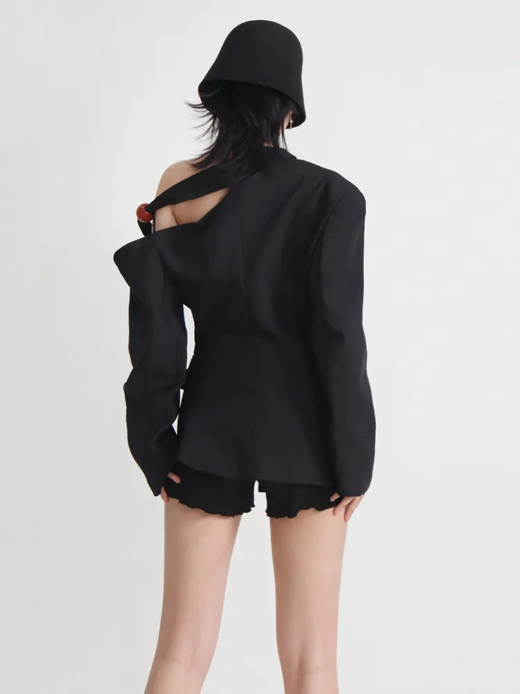 Hollow Out Blazers For Women Notched Collar Long Sleeve Slim Spliced Pocket Blazer Female Fashion Style Clothing