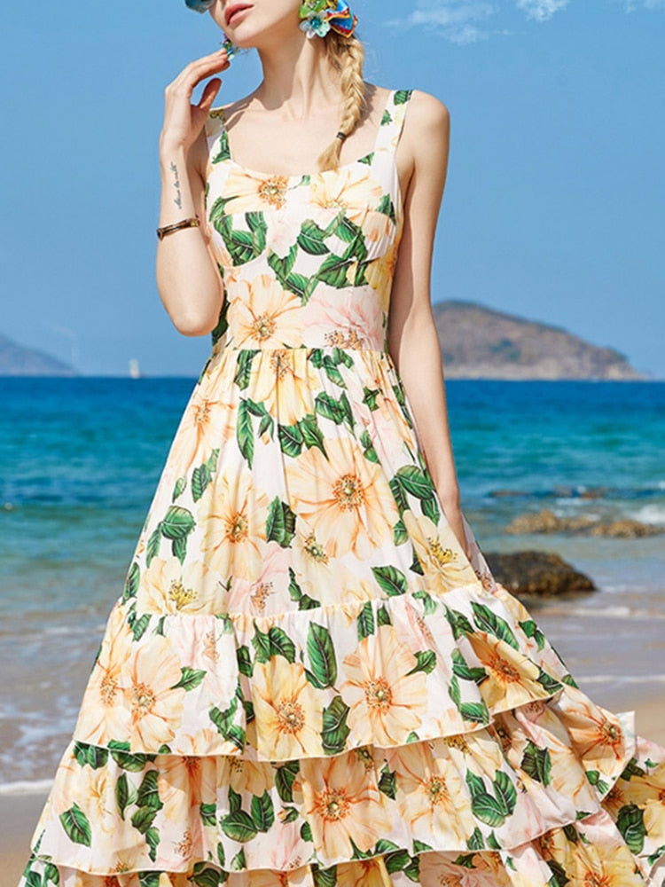 Backless Dresses For Women Square Collar Sleeveless High Waist Tunic Folds Summer Dress Female Fashion Style