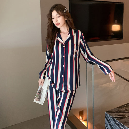 Load image into Gallery viewer, Ice Silk Couple Pajamas Women&#39;s Fashion Stripe Long Sleeve Pants 2-piece Suit Men&#39;s Large Size Satin Home Clothes
