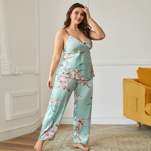 Load image into Gallery viewer, Women&#39;s Pajamas Set Plus Size Floral Print Sleepwear Silk Like Homewear Sling Camisole Pants Nightwear 5XL for Summer
