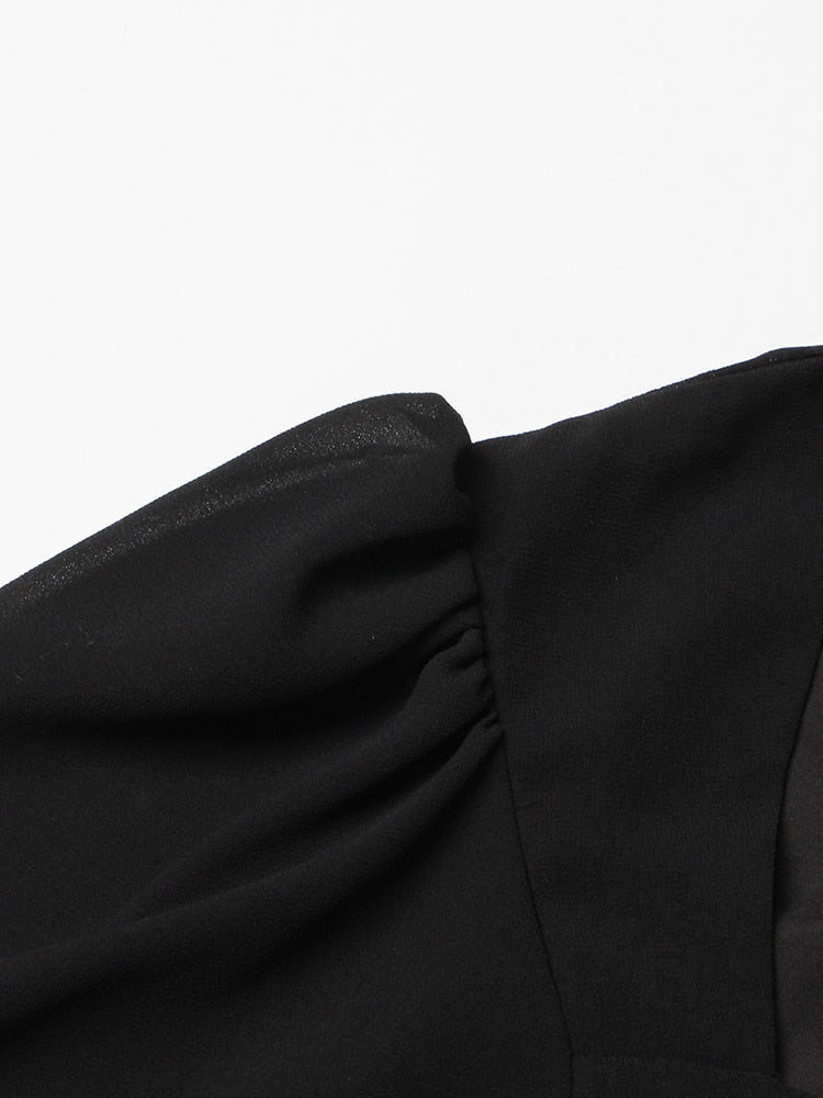 Black Cut Out Dress For Women Halter Collar Lantern Sleeve High Waist Solid Mini Dresses Female Clothing Style