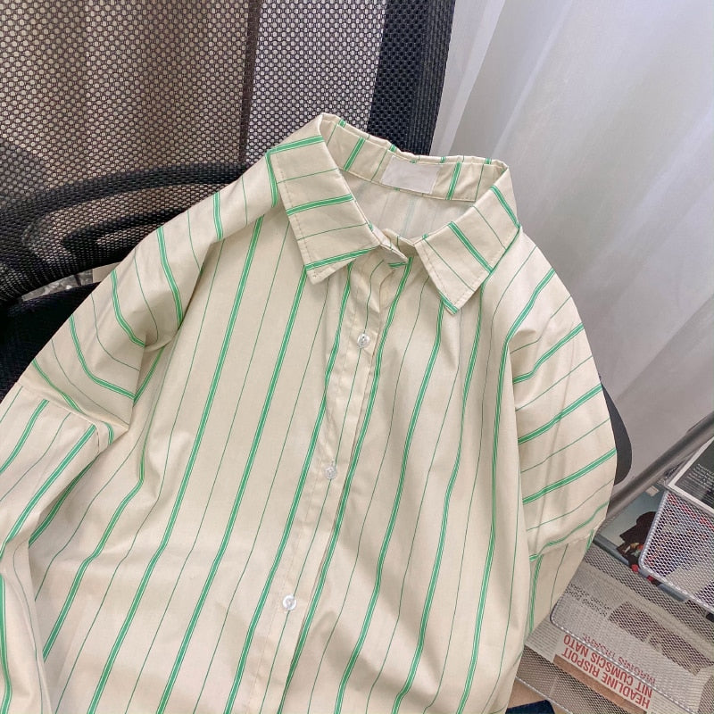 Cotton Women Striped Shirts Loose Fashion Korean Designed Button Up Ladies Shirt Long Sleeve White Cotton Tops