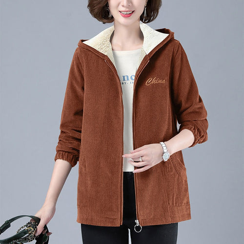 Load image into Gallery viewer, Warm Women Corduroy Coat Winter Thick Vintage Large Size Pocket Zipper Female Jacket Hooded Loose Long Sleeve Lady Clothes
