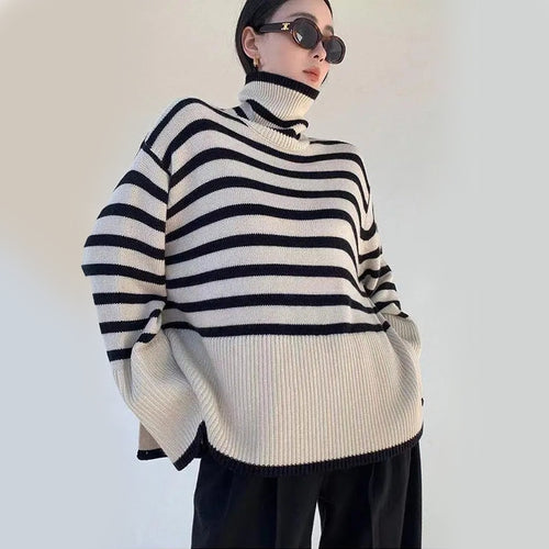 Load image into Gallery viewer, Thick Women Turtleneck Sweaters Winter Fashion Striped Warm Loose Pullover Jumper Oversize Casual Designed Korean Knit Coat
