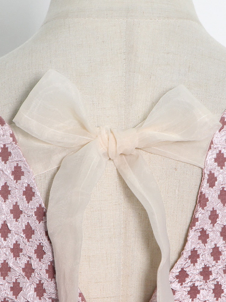Elegant Bowknot Mini Dress For Women Square Collar Puff Short Sleeve High Waist Colorblock Dresses Females