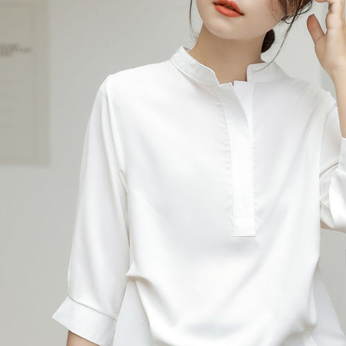 Load image into Gallery viewer, White Women Chiffon Shirts Loose Half Sleeve Korean Office Ladies Summer Blouse Fashion Stand Collar Designed Female Tops
