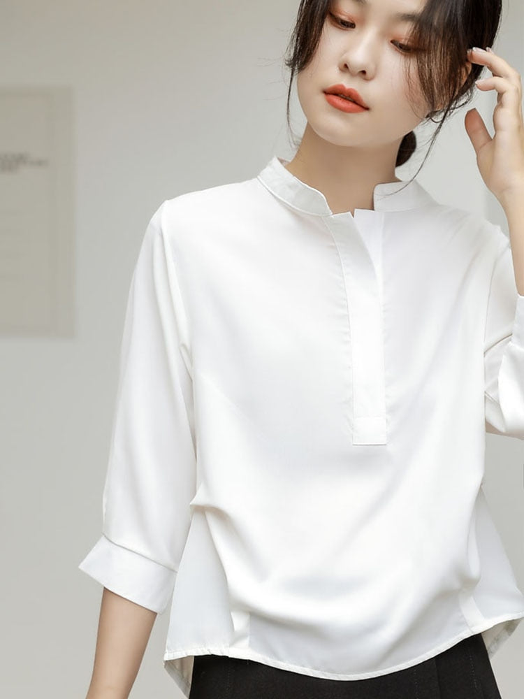 White Women Chiffon Shirts Loose Half Sleeve Korean Office Ladies Summer Blouse Fashion Stand Collar Designed Female Tops