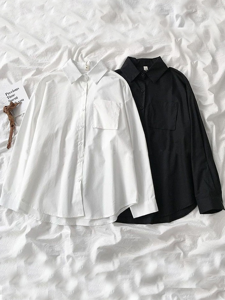 White Women School Shirts Fashion JK Preppy Style Spring Japan Long Sleeve Girls Black Shirt Harajuku Button Up Ladies Tops