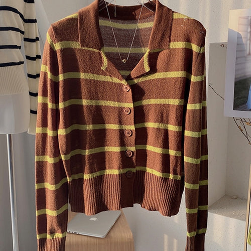 Load image into Gallery viewer, Vintage Striped Women Cardigan Sweater Loose Casual Fall Long Sleeve Button Up Korean Turn Down Collar Thin Knitted Coat
