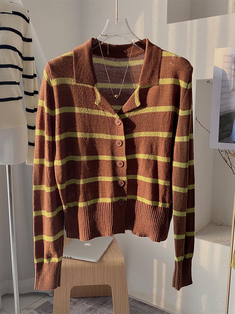 Vintage Striped Women Cardigan Sweater Loose Casual Fall Long Sleeve Button Up Korean Turn Down Collar Thin Knitted Coat