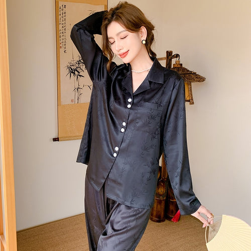 Load image into Gallery viewer, Women&#39;s Pajamas Spring Summer Imitation Silk Bamboo Leaf Jacquard Long-sleeved Trousers Cardigan Suit Home Clothes
