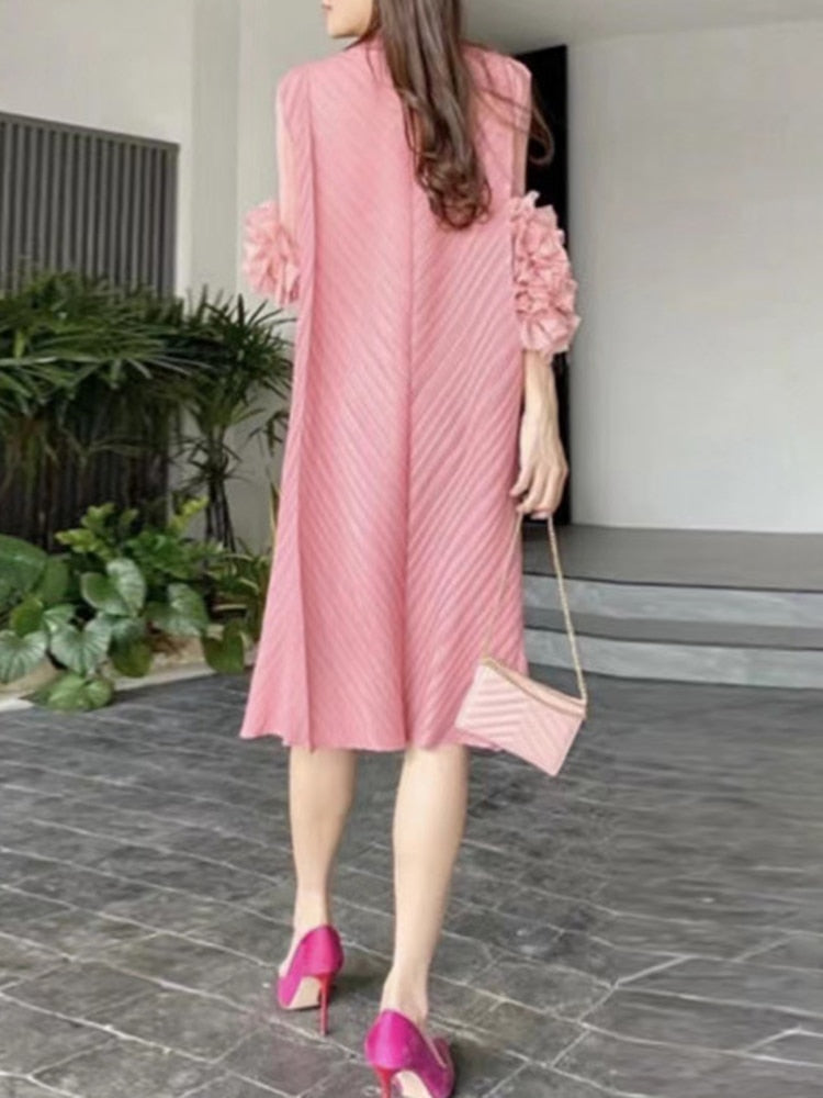 Spring Folds Dresses For Women Half High Collar Puff Sleeve High Waist Oversize Midi Dress Female Fashion Clothes