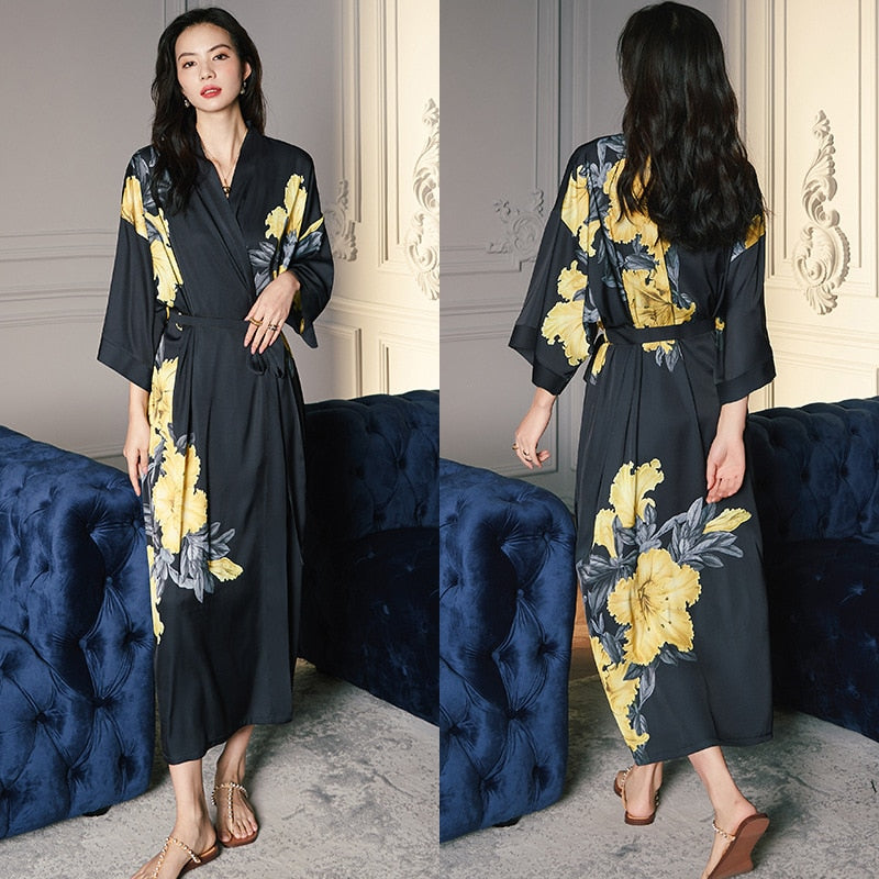 High Quality Women's Pajamas Long Robe Floral Sleepwear Silk Like Sexy Bathrobe Homewear Luxury Nightwear peignoir femme