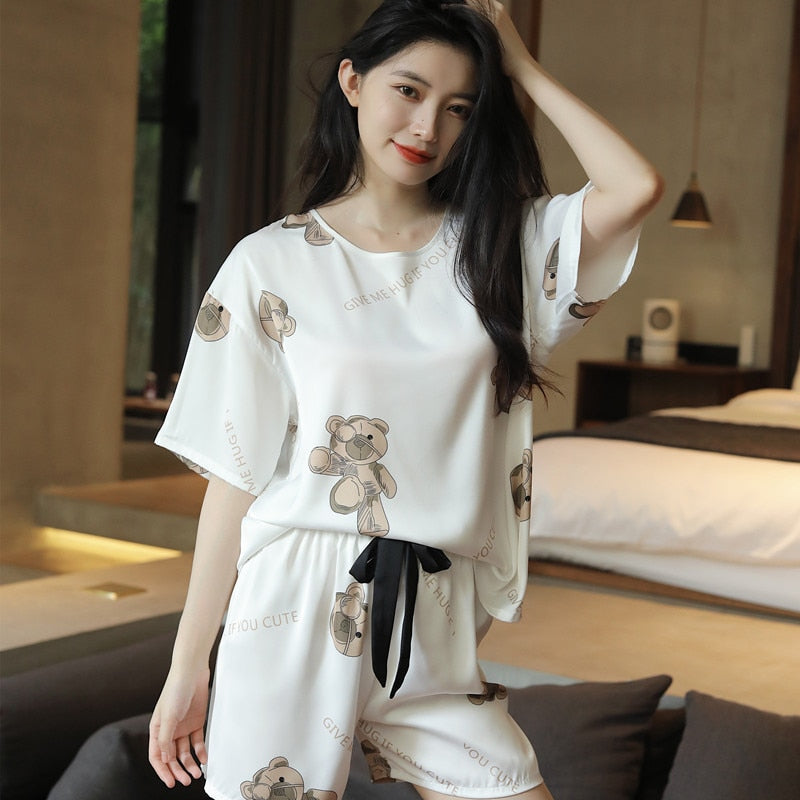 Summer Women's Pajamas Set Cute Bear Print Loose Top Sleepwear Short Casual Silk Like Homewear 2pcs Nightie Femme