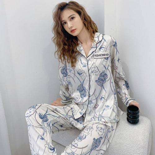 Load image into Gallery viewer, Elegant Imitation Silk Pajamas Women&#39;s Spring Autumn Long Sleeved Printing Two Piece Set Oversized Home Clothing
