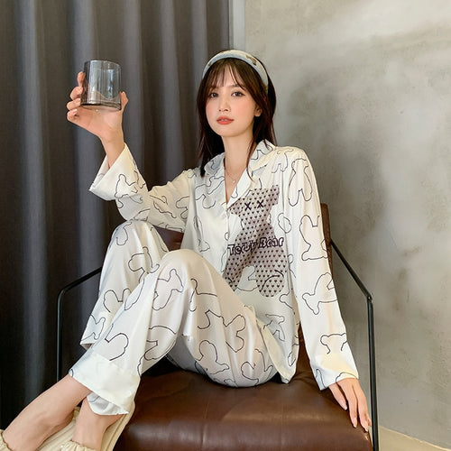 Load image into Gallery viewer, Satin Chiffon Women&#39;s Pajamas Spring Autumn Thin Long Sleeve Pants Two Piece Set Fashion Loose Casual Home Clothing
