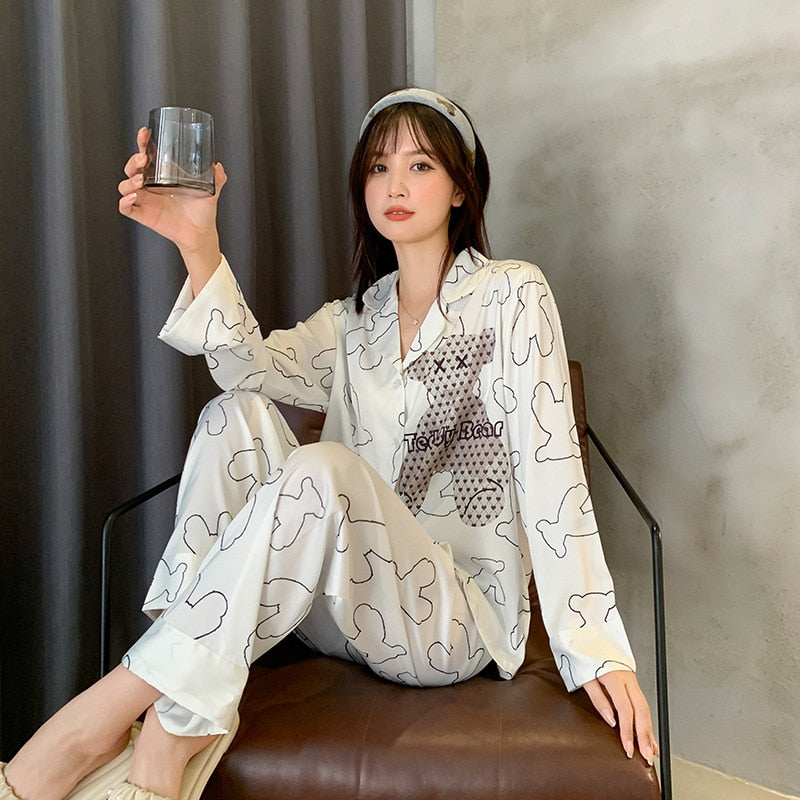 Satin Chiffon Women's Pajamas Spring Autumn Thin Long Sleeve Pants Two Piece Set Fashion Loose Casual Home Clothing