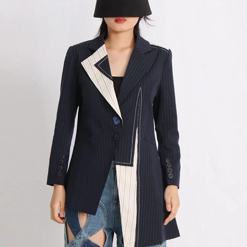 Load image into Gallery viewer, Casual Striped Blazers For Women Notched Collar Long Sleeve Patchwork Button Yrregular Blazer Female Clothing
