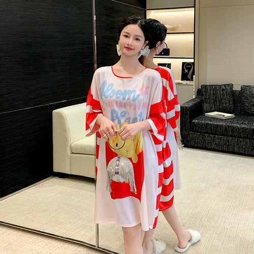 Load image into Gallery viewer, Satin Nightwear Women Short Sleeve Silk Sleeping Dress Casual Sweet Girl Loose Nightdress Summer Mid Length Pajama Skirt
