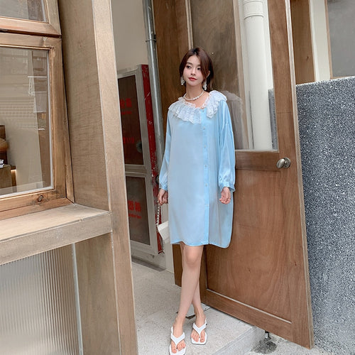 Load image into Gallery viewer, Women&#39;s Pajamas Dress Silk Like Leisure Homewear Skirt Turn-down Ruffle Collar Dress Sleepdress Wear Outside Holiday
