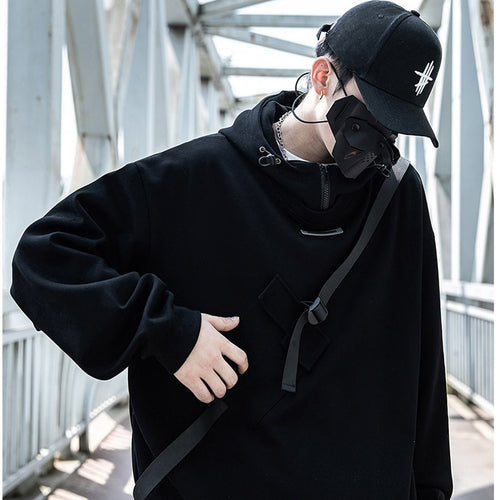 Load image into Gallery viewer, Harajuku Hoodies Men Ribbon Design Pullover Hip Hop Streetwear Hoodies Sweatshirts Techwear Black Techwear
