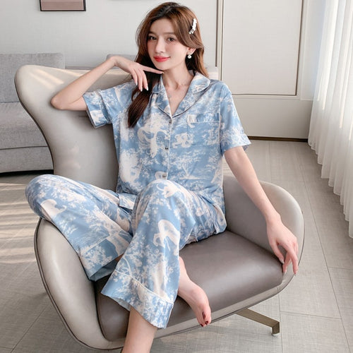 Load image into Gallery viewer, Women Pajamas Short Sleeve Pants Two Piece Set Summer Silk Thin Lapels Sweet Cardigans Large Size Casual Home Clothing
