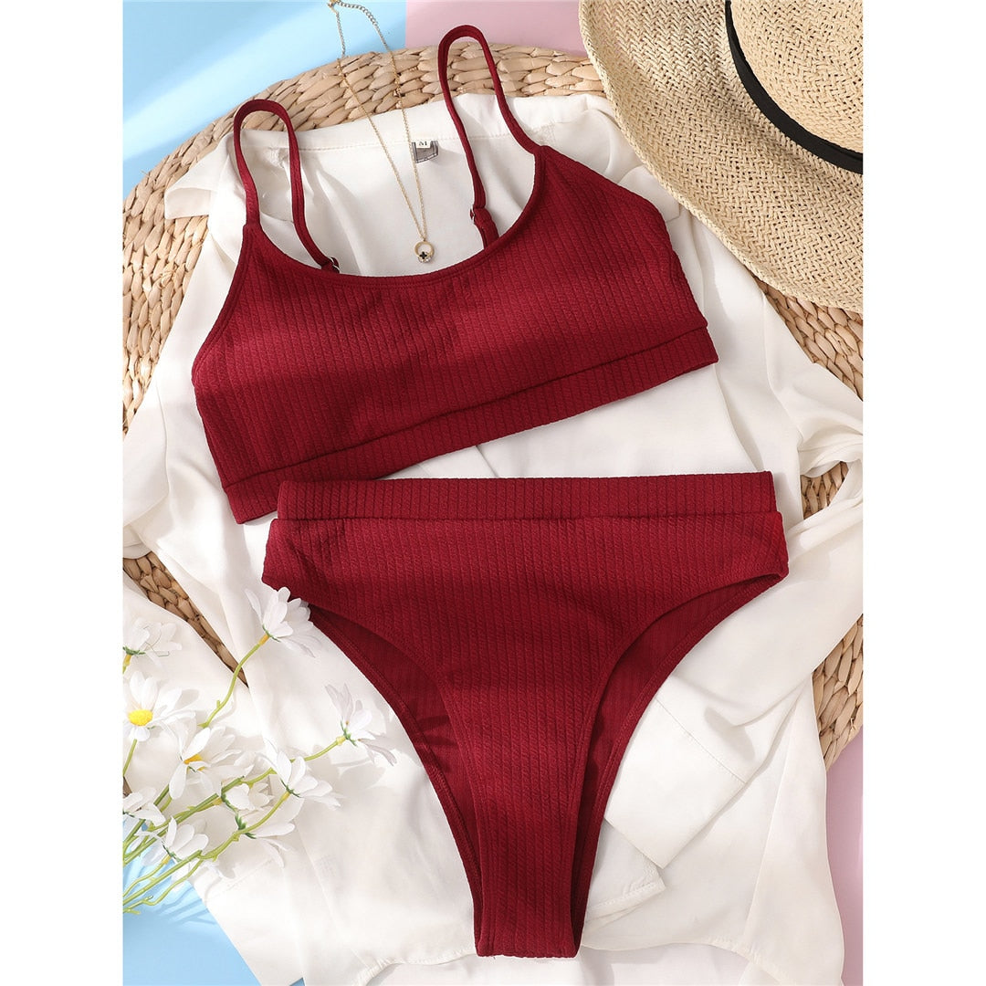 Colors Ribbed Female Swimsuit High Waist Bikini Women Swimwear Two-pieces Bikini set Bather Bathing Suit Swim V3316